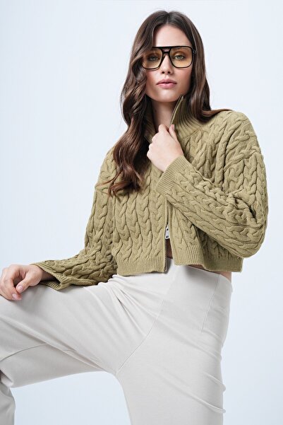 VAGGON Women's Khaki Knitted Patterned Zippered Knitwear Cardigan Vs01519