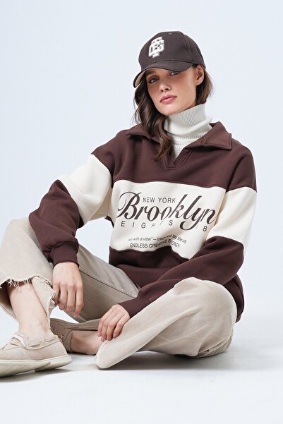 VAGGON Γυναικείο φούτερ καφέ Polo Neck με τύπωμα Vs01516