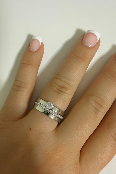 SEZİNİN TAKI DÜKKANI Steel 3-Piece Single Stone Wedding Ring Set