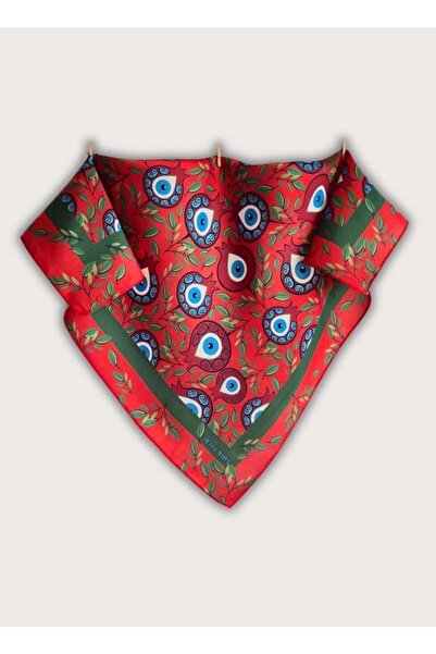 POZİTİF MRK Bereket Collection Red Twill Satin Scarf with Pomegranate and Evil Eye Bead Pattern