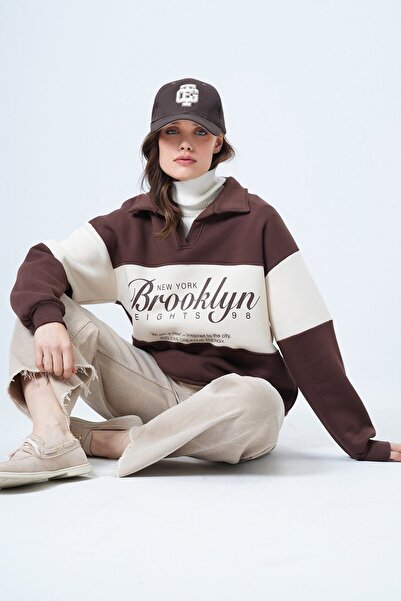 VAGGON Γυναικείο φούτερ καφέ Polo Neck με τύπωμα Vs01516