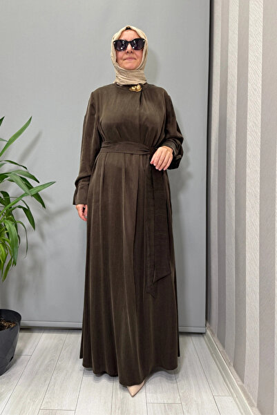 clande Silk Cupro Dress with Collar Accessories Brown 5011