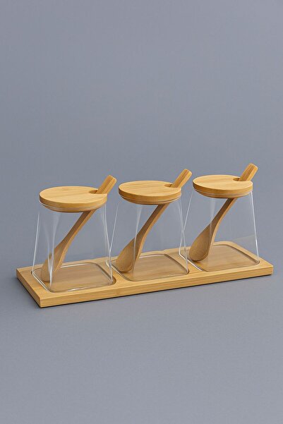 Funny Life 3-Piece Luxury Glass Spice Jar Set with Bamboo Lid and Spoon - Spice Jar - Glass Spice Jar with Bamboo Base