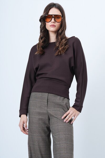 VAGGON Women's Brown Batwing Sleeve Boat Neck Oversized Blouse Vs01548