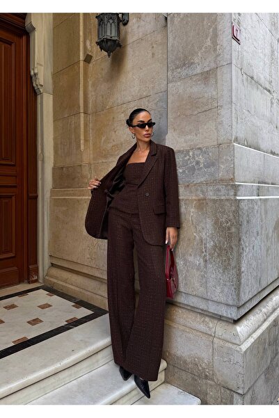 Julidress Crop Blouse, Jacket and Palazzo Pants U 3-Piece Premium Tweed Set