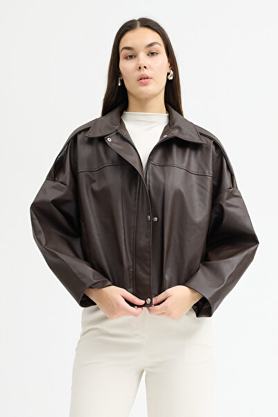 MANMARK Women's Epaulet Oversized Leather Jacket |   Stylish Outerwear with Zipper and Buttons