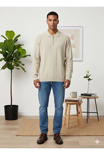MİWAN COLLECTİON Zippered Polo Collar Slim Fit Men's Thin Knitwear Sweater Cream Color