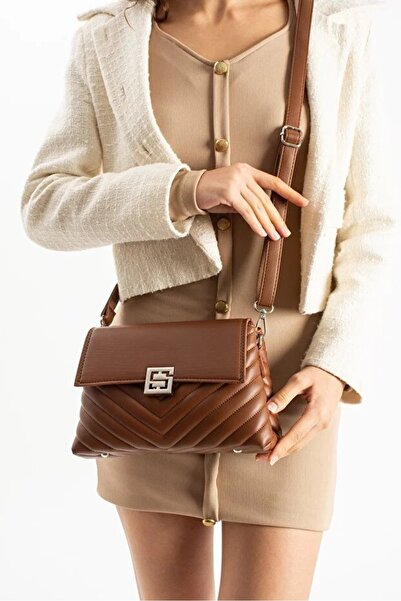 H&D COLLECTİON Stylishly Designed Mink Women's Medium Size Crossbody Bag, Chain Strap, Embroidery and Flap Detail Shoulder Bag