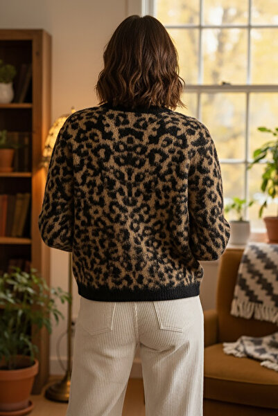 Pissos Leopard Print Buttoned Knit Cardigan – Round Neck, Soft Texture (Black-Camel)