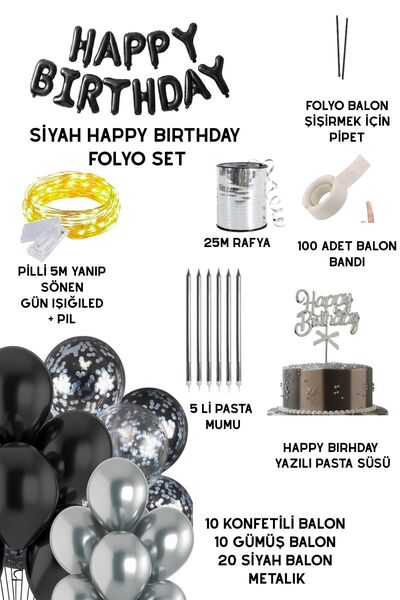Baloncu Dede Black Happy Birthday Foil Balloon Set Black Silver Birthday Large Party Set Decorations