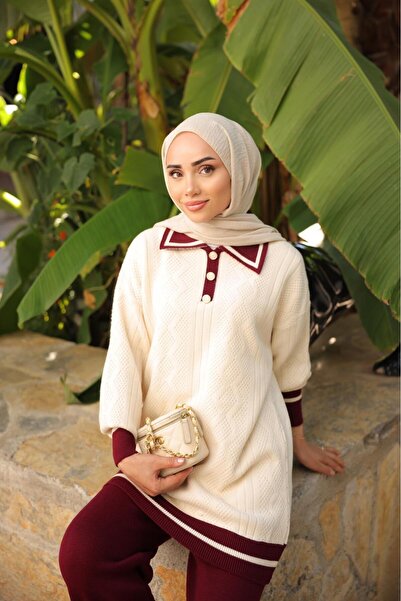Kirazca Butik Women's Standard Size Diamond Pattern Knitwear Hijab Two-Piece Set