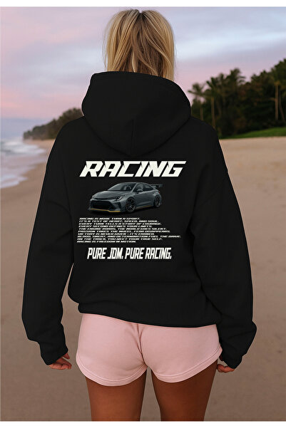 JDM Motorsport Sırt Baskılı Yarış Temalı Kadın Kapüşonlu Sweatshirt Unisex Siyah Basic Sweatshirt Hoodie