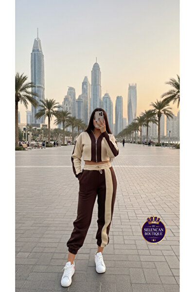 SELEN CAN BOUTIQUE Crop Fermuarlı kapşonlu Şardonlu eşofman takımı