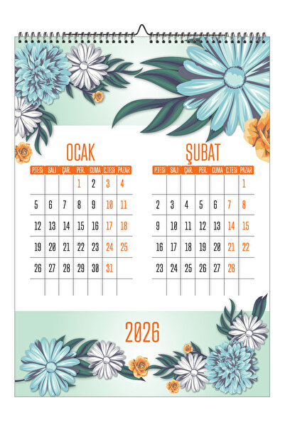 GenelTedarik 2026 DUVAR TAKVİMİ A3-6 SAYFA MİNT YEŞİL ÇİÇEK TEMALI ÜSTTEN SPİRALLİ VE ASKILI