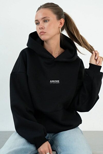 The Champ Clothing Women's Oversized Sweatshirt Hoodie Amore Black – Hooded , 3 Thread Fleece, Kangaroo Pocket