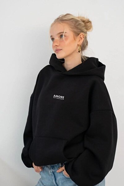 The Champ Clothing Women's Oversized Sweatshirt Hoodie Amore Black – Hooded , 3 Thread Fleece, Kangaroo Pocket