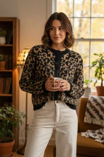 Pissos Leopard Print Buttoned Knit Cardigan – Round Neck, Soft Texture (Black-Camel)