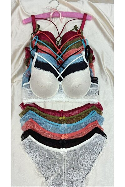 Love Angels Lace Detailed Unpadded Cross String Underwire Bra Panty Set - Lingerie Set 6 Piece Set