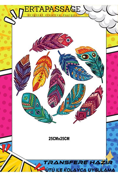 ErTaPassage Boho 2 Renkli Tüy Ütüyle DTF Transfer Deseni Kumaş, Tişört, Çanta...