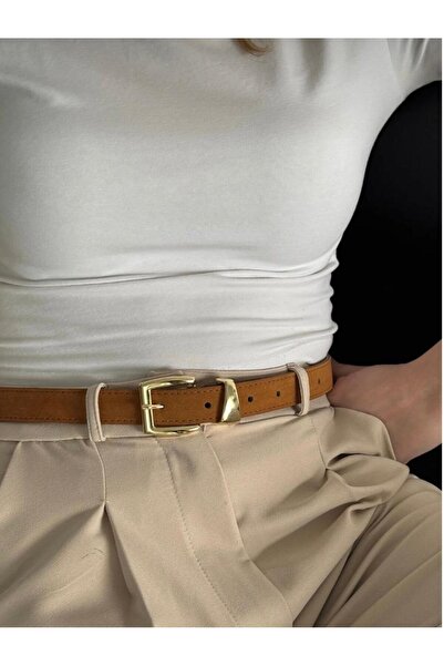 MODAM HİFA Gold Buckle Suede Belt Women's Belt Trouser Belt Dress Belt Waist Belt