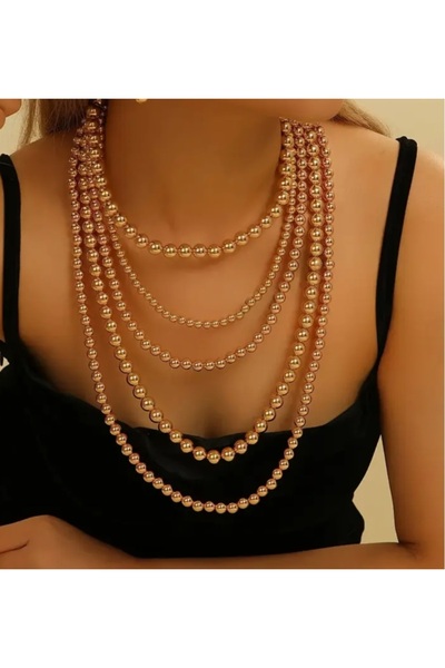 by Natalie 2 adet 10 mm ve 150 cm 6 mm altın renk inci boncuk kolye