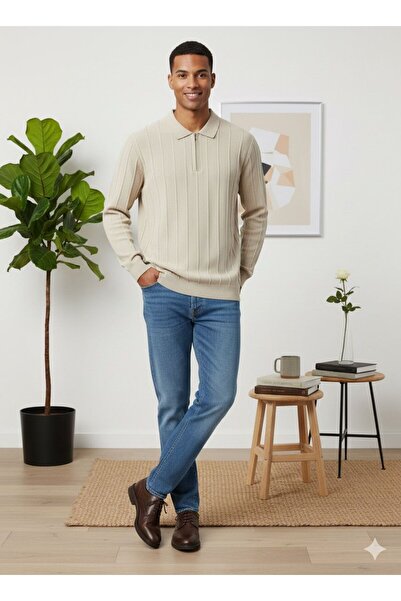 MİWAN COLLECTİON Zippered Polo Collar Slim Fit Men's Thin Knitwear Sweater Cream Color