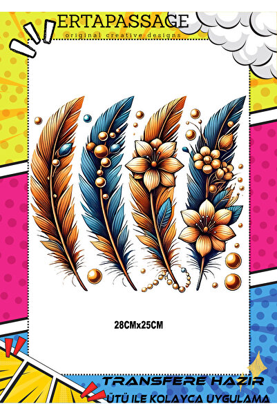 ErTaPassage Boho 1 Renkli Tüy Ütüyle DTF Transfer Deseni Kumaş, Tişört, Çanta...