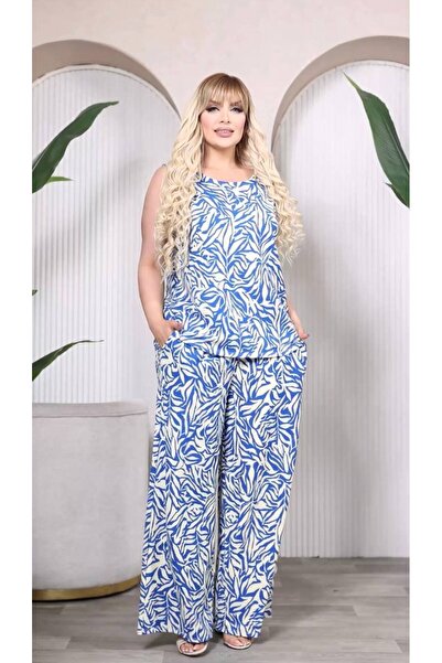 garajmood Black Patterned Sleeveless Blouse-Pants Plus Size Horse Top Set