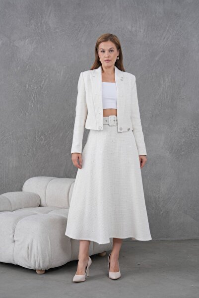 nodilife Örgü Kumaş Kloş Etekli Kadın Takım Beyaz