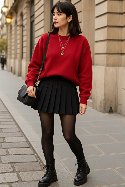 COMBİNE MİCHAİL Women's Crew Neck Oversized Red Sweater