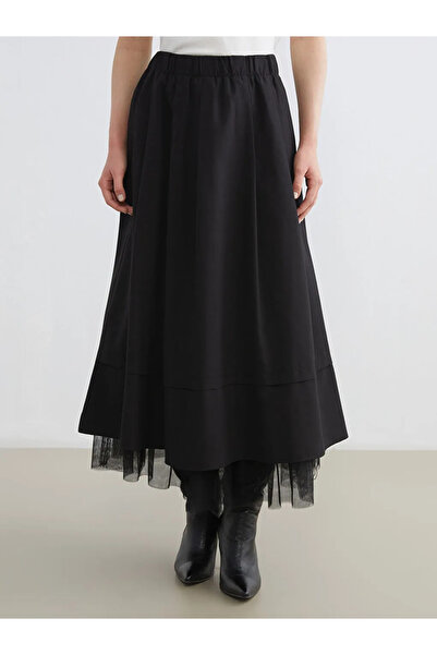 LC Waikiki Lcw Modest Black Elastic Waist Poplin Flared Skirt