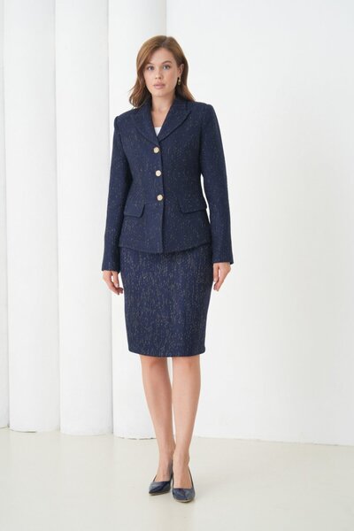 nodilife Kol Düğmeli Örgü Kumaş Etekli Kadın Takım Elbise Lacivert