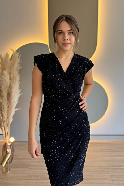 Aventien Double-Breasted Navy Blue Midi Dress with Collar and Shoulder Pad Stones