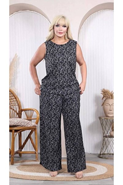 garajmood Black Patterned Sleeveless Blouse-Pants Plus Size Horse Top Set