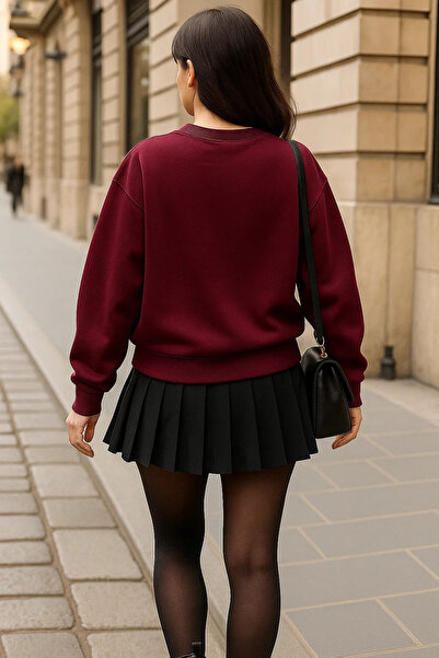 COMBİNE MİCHAİL Women's Crew Neck Winter Oversized Burgundy Sweater