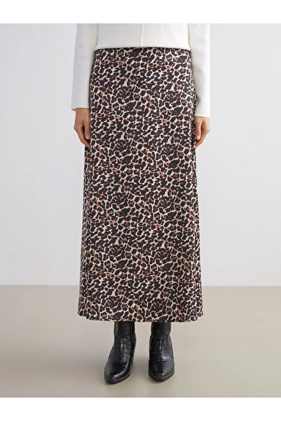 LC Waikiki Lcw Modest Brown Zippered Waist Leopard Print A-Line Skirt