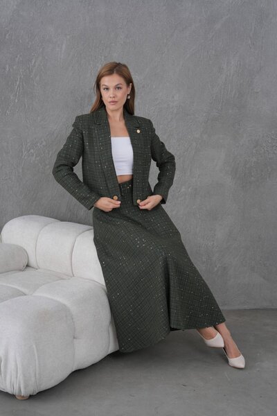 nodilife Örgü Kumaş Kloş Etekli Kadın Takım Haki