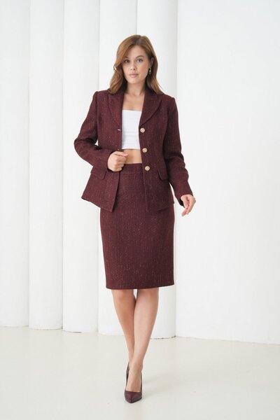 nodilife Kol Düğmeli Örgü Kumaş Etekli Kadın Takım Elbise Bordo