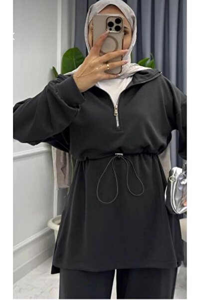 New Lune Women's Islamic Clothing Set, Zippered Waist-Tie Tunic, Wide-Leg Pants, Double-Thread Knitted.