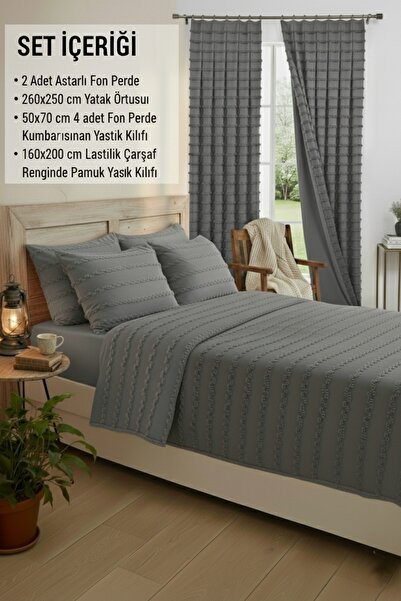 Madame Dower Wave Collection Gray All-In-One Set - 2-Piece Lined Background Curtain with Bed Cover 1X3 Regular Pleats