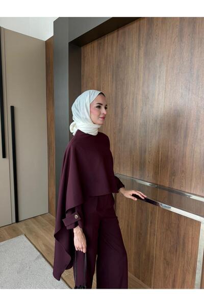 merve ada design Pelerini Pantolon Takım-Premium Kalite-Bordo TESETTÜR GİYİME...