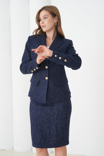 nodilife Kol Düğmeli Örgü Kumaş Etekli Kadın Takım Elbise Lacivert