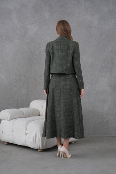 nodilife Örgü Kumaş Kloş Etekli Kadın Takım Haki