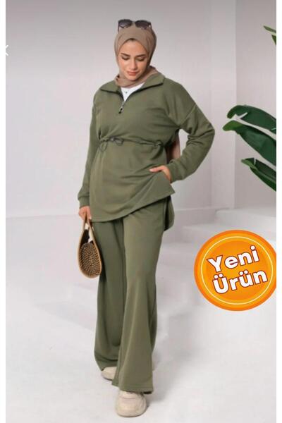 New Lune Women's Islamic Clothing Set, Zippered Waist-Tie Tunic, Wide-Leg Pants, Double-Thread Knitted.
