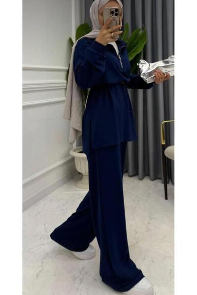 New Lune Women's Islamic Clothing Set, Zippered Waist-Tie Tunic, Wide-Leg Pants, Double-Thread Knitted.