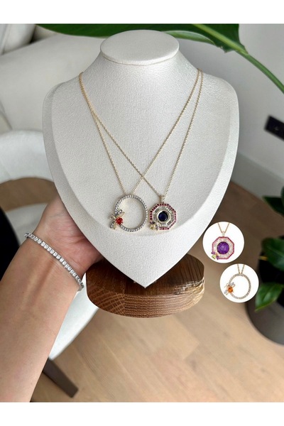 Finery by Nerrs Altıgen Tasarım Fuşya Renkli Zirkon Taşlı Kolye