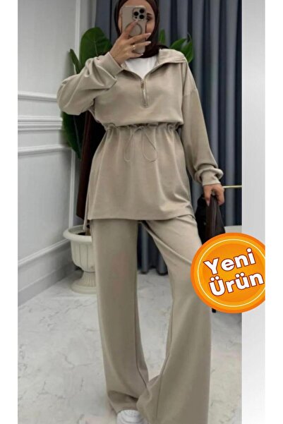 New Lune Women's Islamic Clothing Set, Zippered Waist-Tie Tunic, Wide-Leg Pants, Double-Thread Knitted.