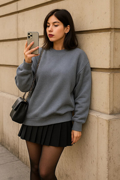 COMBİNE MİCHAİL Γυναικείο πουλόβερ με λαιμόκοψη χειμώνα oversized καπνιστό