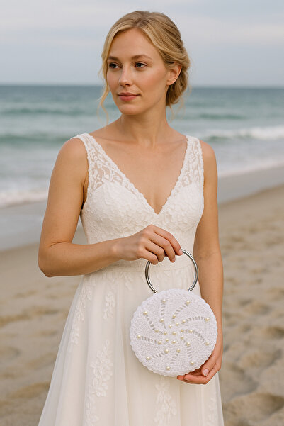 ByLily White Handbag for Brides, Vintage Lace Design with Pearl Embroidery, Very Stylish