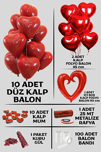 SkyPop 10 Flat Hearts, 2 Foil Hearts, 1 Hollow Foil Heart, 1 Pack of Dried Roses, 10 Candles, 1 Raffia, 100 Balloon Ties